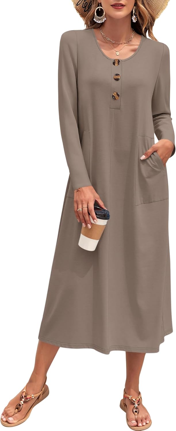 MOLERANI Women's Long Sleeve Maxi Dress with Pockets - Casual, Knit, Loose, Button, Crew Neck, Lightweight(XS-3XL)