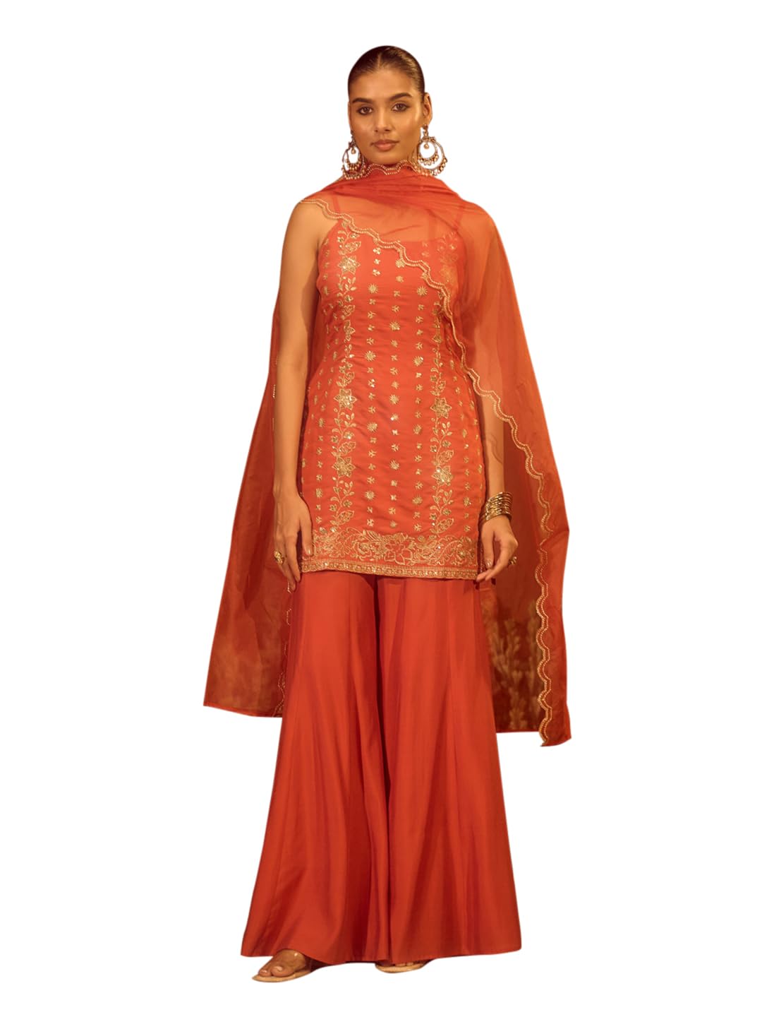 Women’s Orange Viscose Chanderi Embroidered Ethnic Straight Kurta Set with Dupatta-image-27