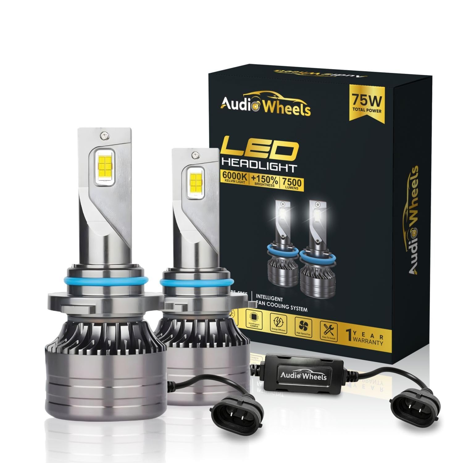 Audio Wheels 9005/HB3 75W LED Headlight with 6000K Cool White, 7500LM Brightness, Fan Cooling, Energy Efficient Design, IP68 Waterproof, Easy Plug & Play Installation, 1-Year Warranty