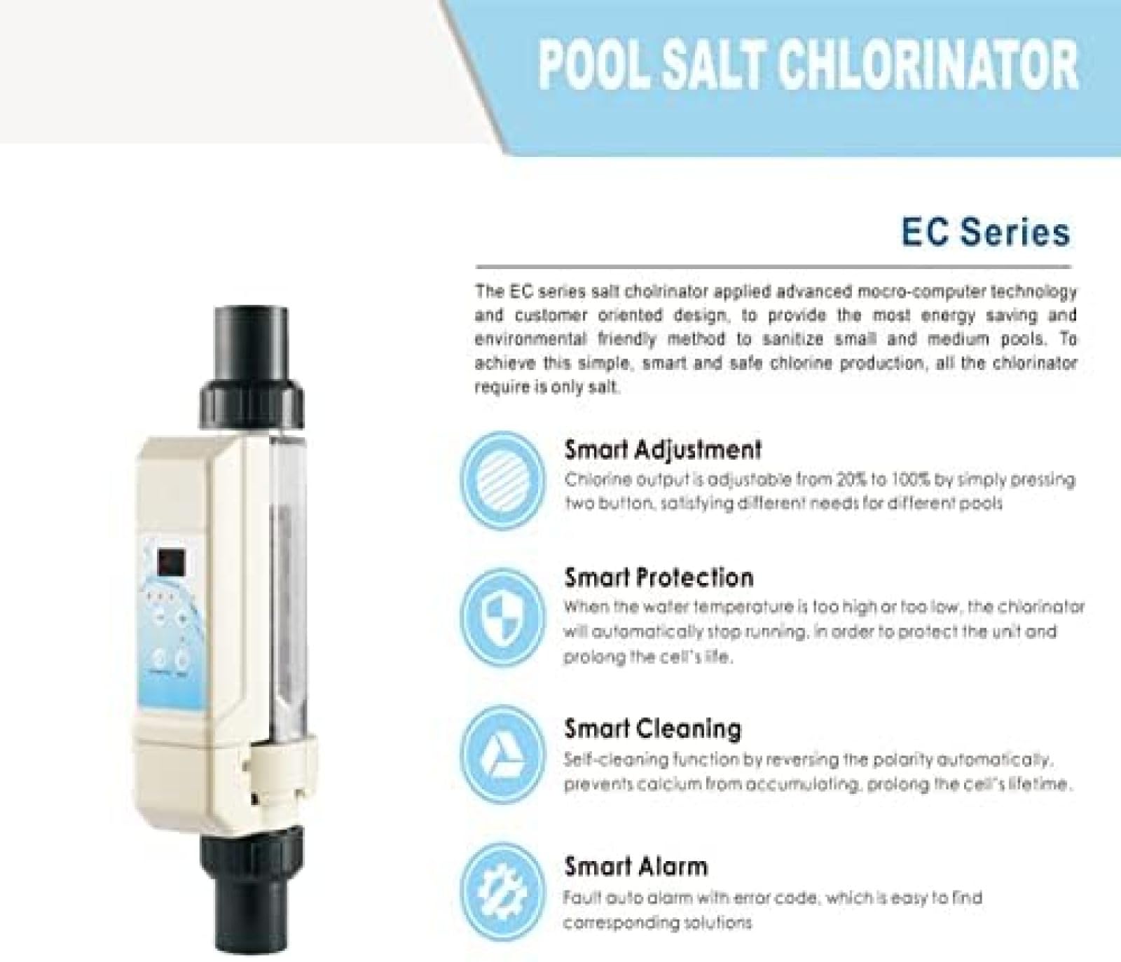 Machine À Chlore Au Sel pour Piscine Spa, 8g/12g/16g/20 G/h, Générateur De Chlore À Eau Salée, Électrolyse, Chlorateur De Sel EC8/EC12/EC16/EC20,8 G/Heure,Bonny369