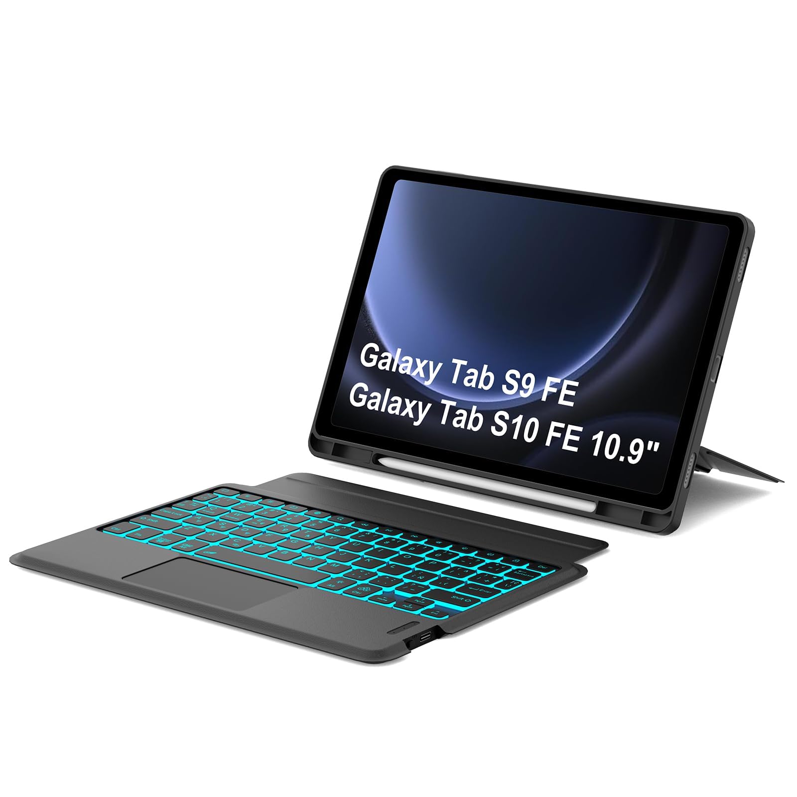Funda Teclado Samsung Tab S9 FE/S10 FE con Touchpad, Funda Teclado 3 Canales Bluetooth Español Ñ Retroiluminado Magnéticamente Soporte Retrato/Paisaje para Samsung S9 FE/S10 FE 10.9"/S9 11", Negro
