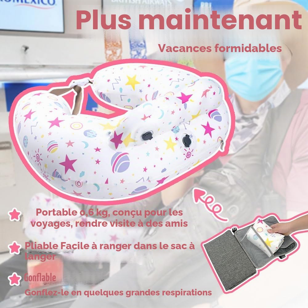 Coussin d'allaitement gonflable pour allaitement - Coussin d'alimentation de voyage pour le soutien maternel, ceinture de taille réglable, housse amovible 100 % coton - Accessoire portable essentiel