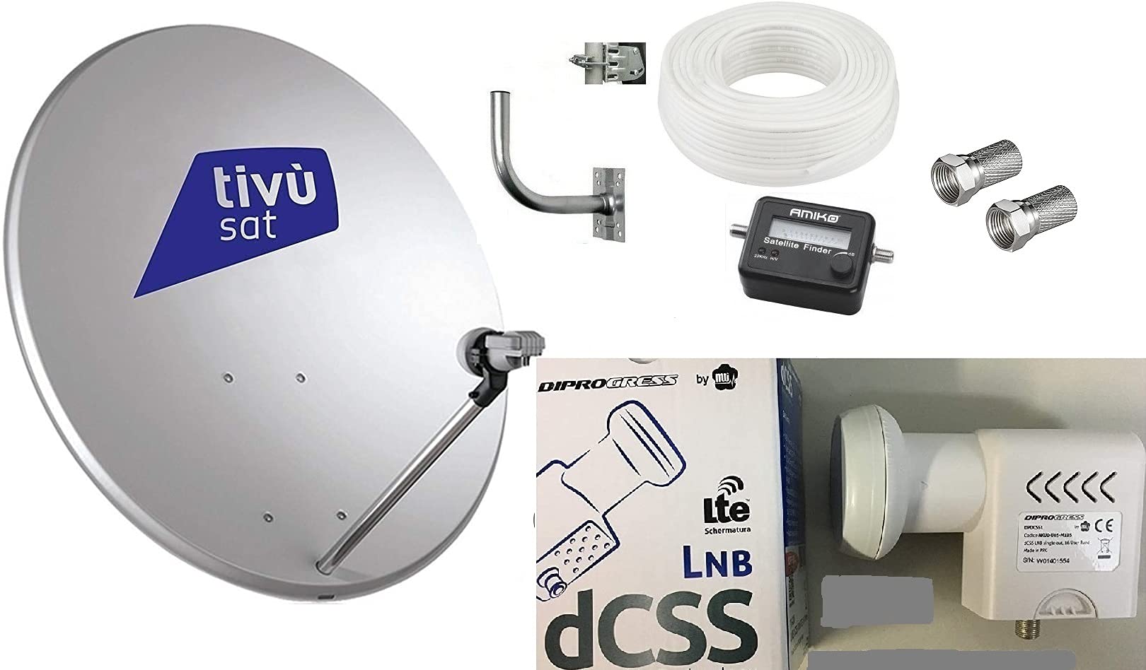 KIT SAT SATELLITE PARABOLA 80 CM STAFFA SAT FINDER 20 MT CAVO LNB SCR