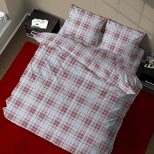 Biancheriastore Funda nórdica de 3 tamaños de puro algodón, fabricada en Italia, con diseño de cuadros beis pardo, funda nórdica y fundas de almohada, 100% algodón, para cama de matrimonio