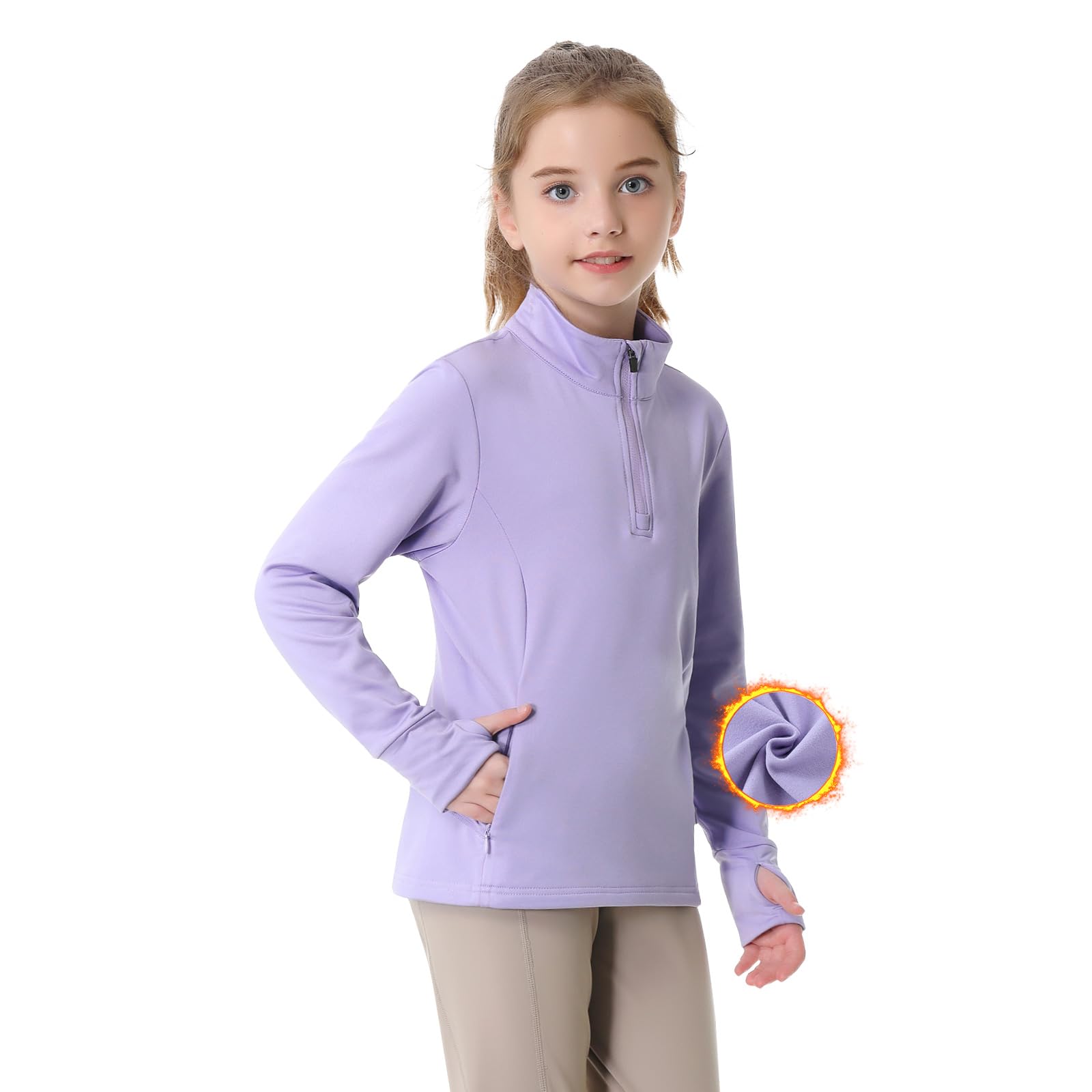 beroy Girls Fleece Long Sleeve Shirts Half Zip Equestrain Shirt Thermal Kids Horse Riding Shirts Thumbhole Pockets