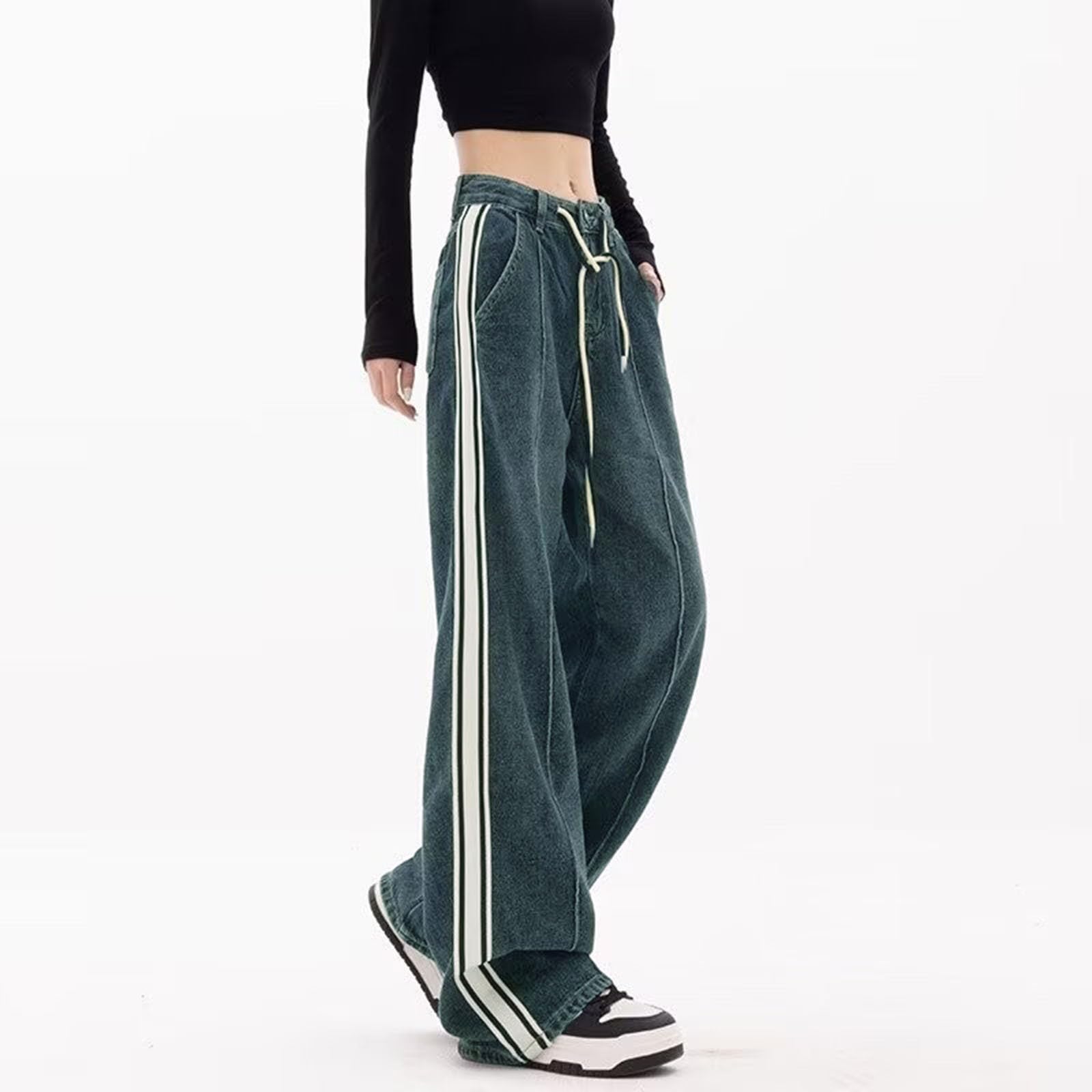 Generico Jeans Donna Wide Leg Jeans Donna a Flared High Rise Casual Curvy Pantaloni Aderenti Elasticizzati Pantaloni Vintage Pantaloni Morbidi Push Up Casuale Hiphop Ragazza Teenager Streetwear