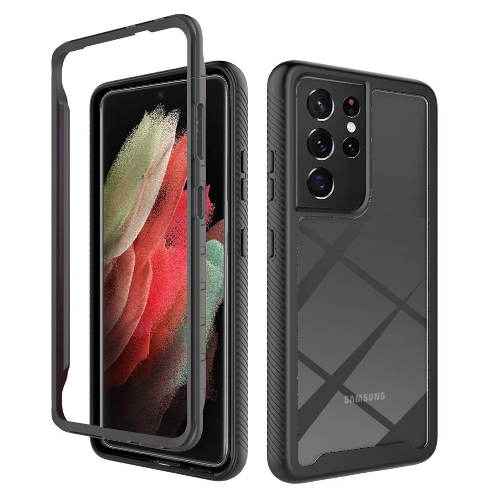 FINEONE Sturdy Case for Samsung Galaxy S21 Ultra 5G, Transparent Acrylic/PC/TPU Frame Protective Armour Back Cover, Black