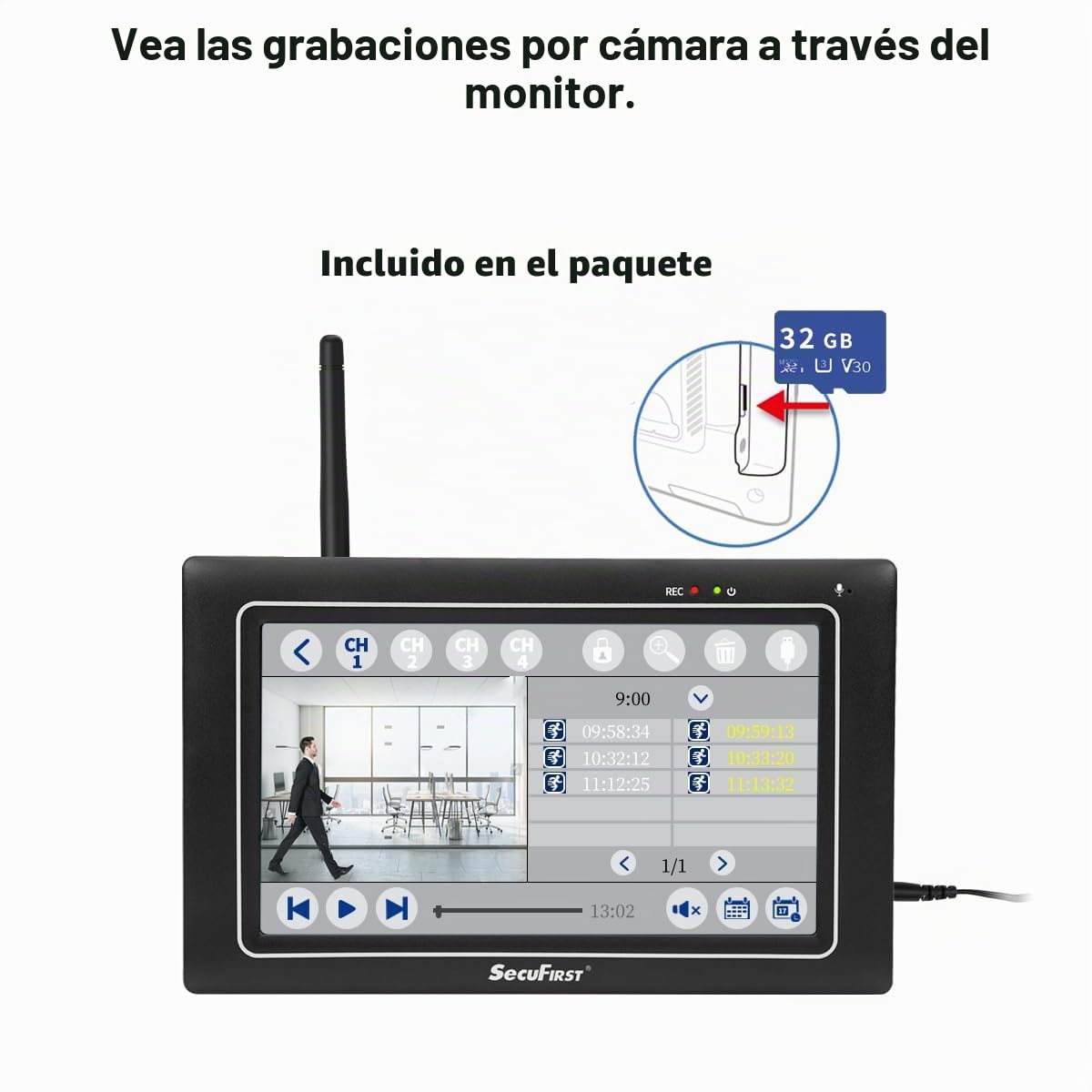 SecuFirst - Kit de Cámara de Vigilancia Exterior con Monitor Interior | Pantalla Táctil de 7 Pulgadas con Almacenamiento Extensible de 2 TB, Funciona sin Wi-Fi, Cámara de Vigilancia al Aire Libre