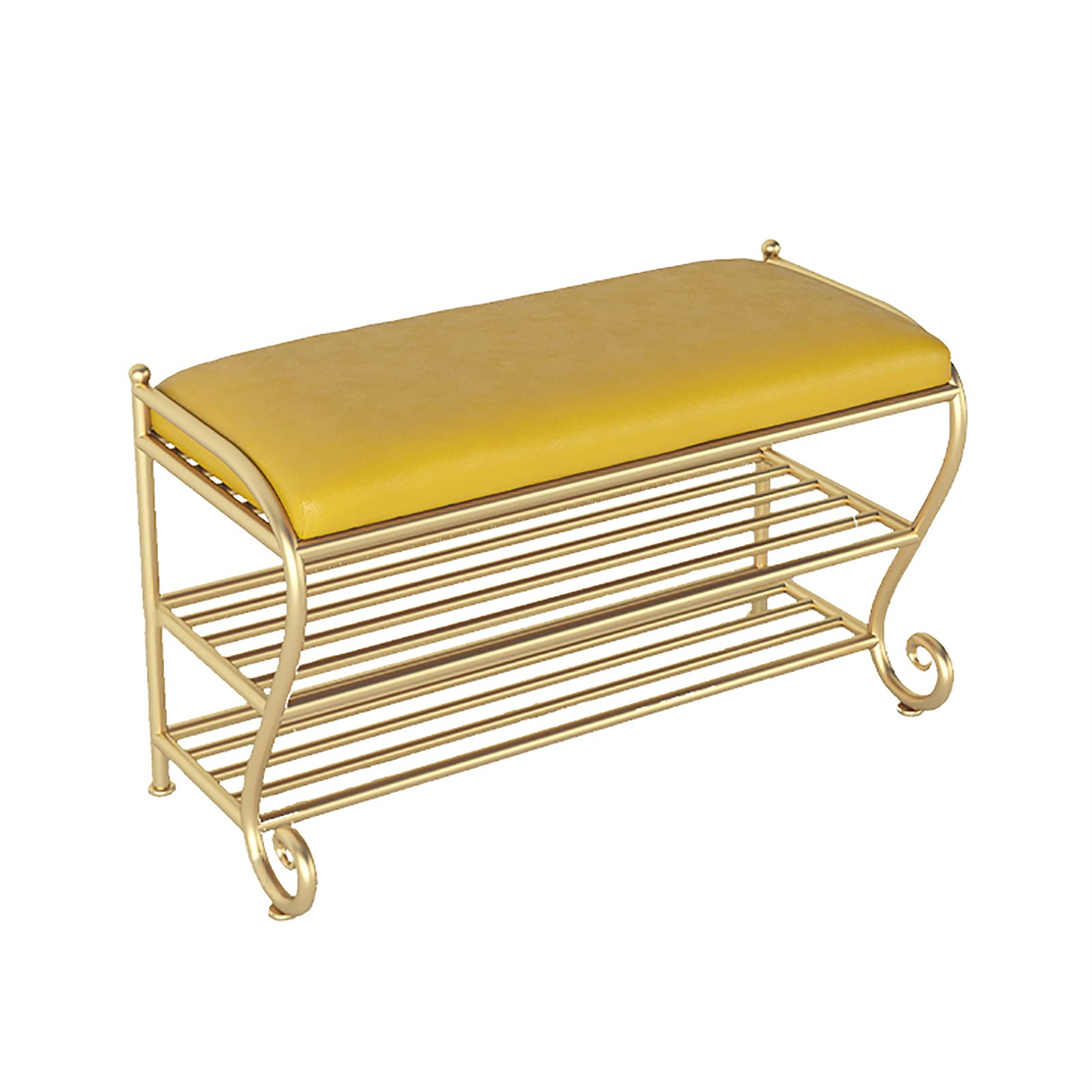 Banc à chaussures jaune luxueux en métal et similicuir pour un hall raffiné