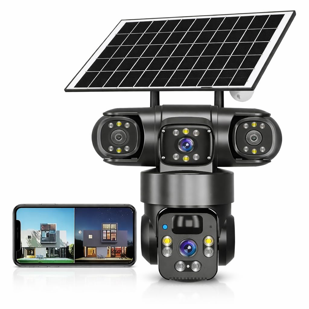 4G Solar Security Camera Outdoor 6MP HD – 3 Lens PTZ CCTV with 3 View Display, Color Night Vision, AI Motion Alert, 2 Way Audio, IP66 Waterproof Remote Monitoring for Home, Farm & Warehouse