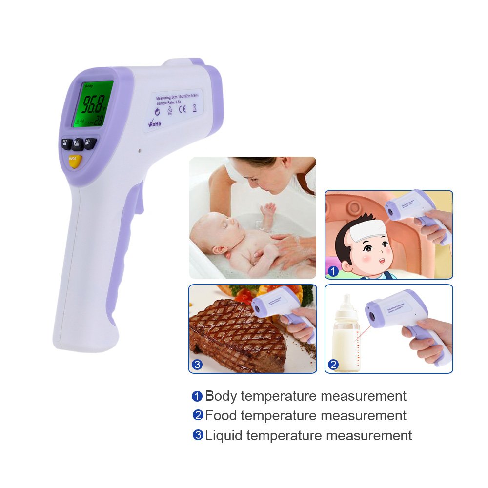 Termómetro infrarrojo sin contacto para medir la temperatura corporal y de la piel, termodetector digital con pantalla LCD inteligente retroiluminada y puntero láser, adecuado