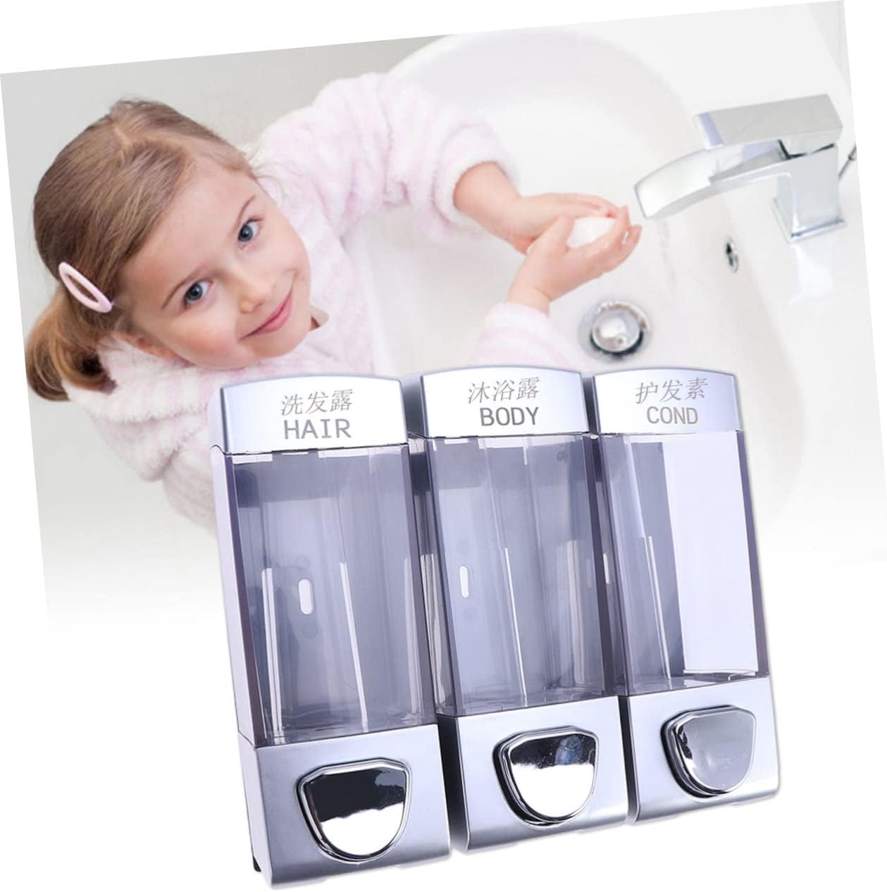 Wall-Mounted Shampoo and Shower Gel Dispenser with Three Outlets Easy-Press Pump for Liquid Soap Conditioner Wash Bathroom Kitchen Transparent Design