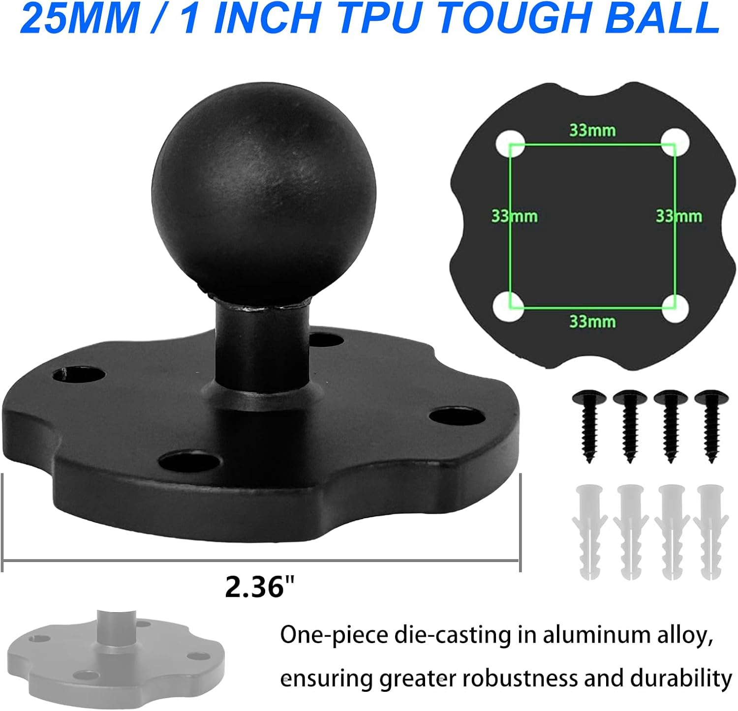 Aluminum GPS Mount, 17-25mm Ball Connector with T-Bolt and 1" Ball Mount Adapter 3 in 1,Fit for Garmin GPS & Backup Camera Monitor, Heavy-Duty Drill Base, Arm with 25mm/1inch Ball Joint