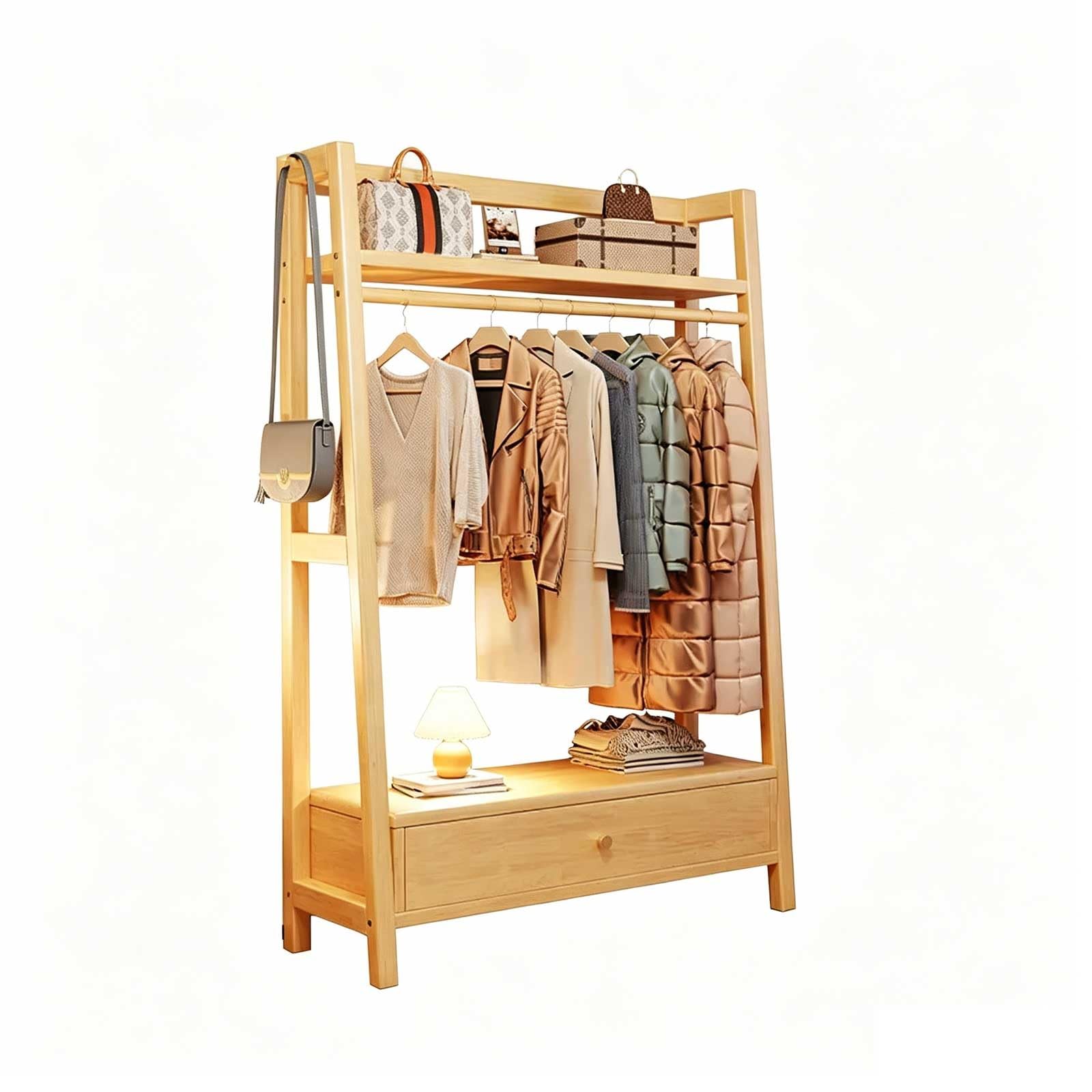 KIBONCY Wooden Clothes Rack with Drawers and Storage Shelves, Freestanding Open Wardrobe Organizer, Multifunctional Garment Rack(B1,80x40x170cm)