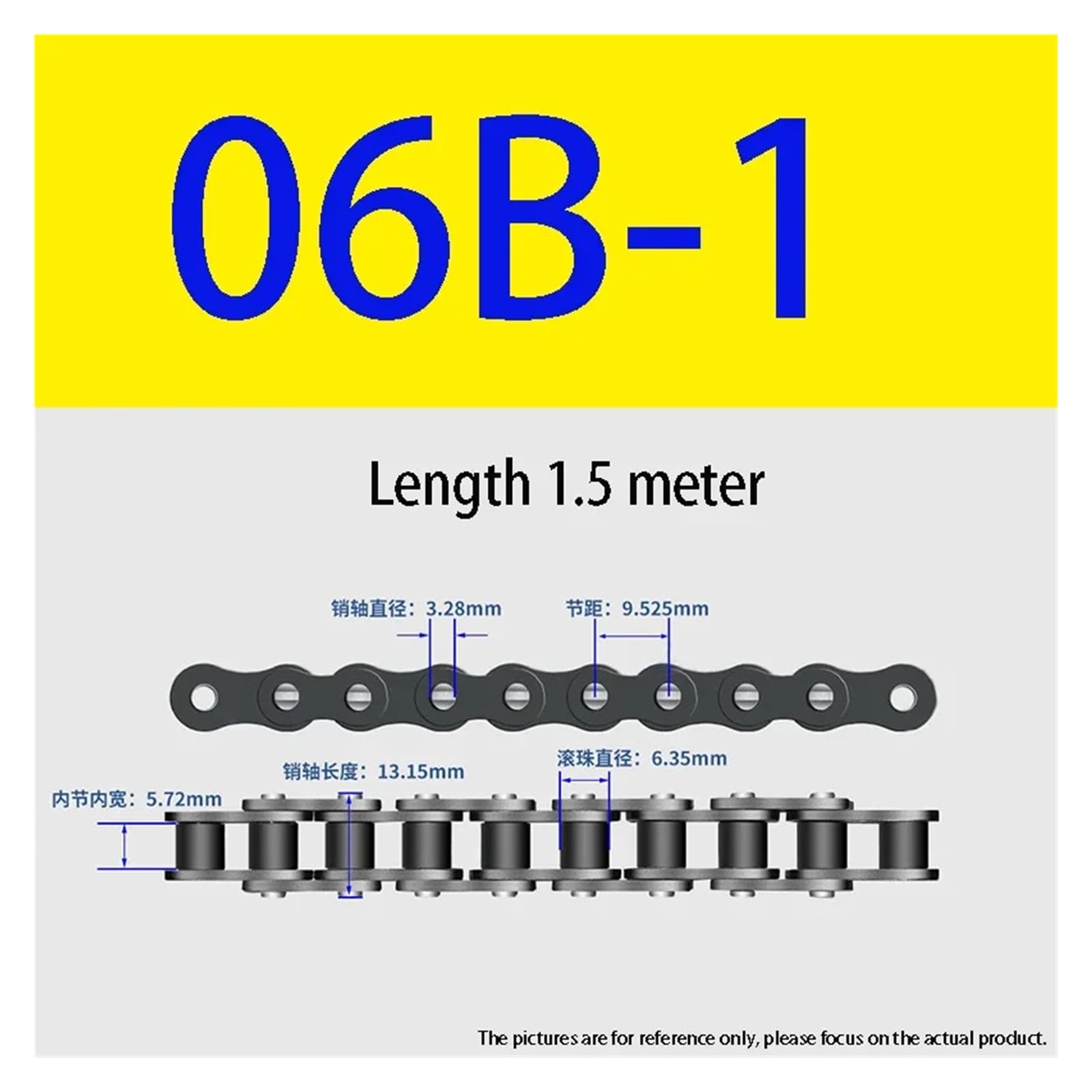 Chaîne à rouleaux 06B 08B 10A 06C 08A, 1.5 mètres, Transmission en acier au carbone une rangée, pas court 0.375/0.5/0.625 pouces(06B-1)