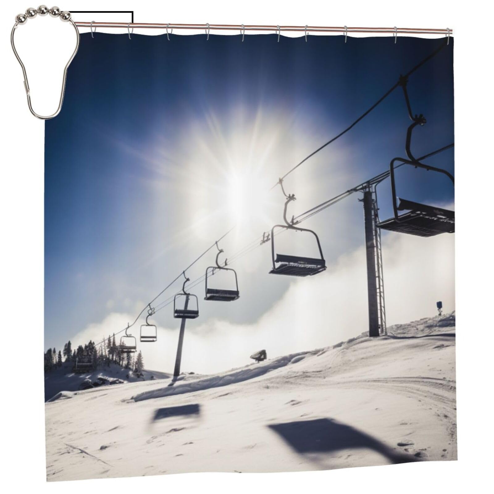 BWWHCCTI Ski Lift at Sunshine Printed Shower Curtain With 12 Iron Hooks Opaque Quick Drying Waterproof Shower Curtains Sets For Bathroom 183x183 CM