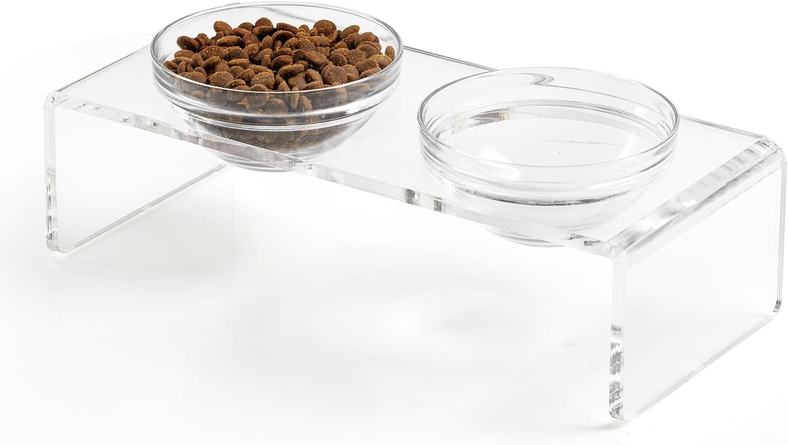 Feoyoho Elevated Acrylic Pet Bowl Stand – Raised Cat & Dog Bowls with 2 Glass & 2 Stainless Steel Bowls, Modern Clear Design, Non-Slip, Easy to Clean, Perfect for Small Pets, 3.75" Tall