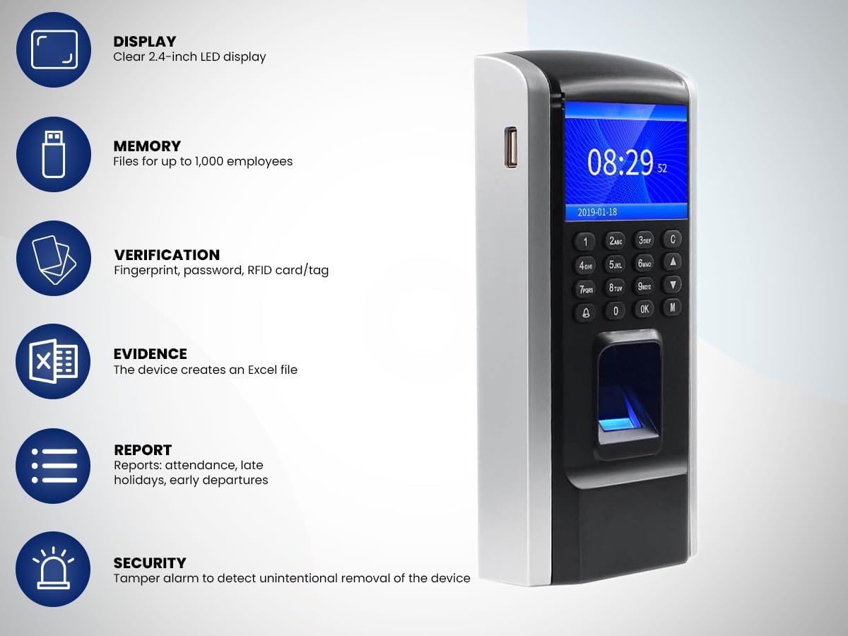 HDWR CTR12 Macchina per La Rilevazione Delle Presenze, Sistema Biometrico Avanzato di Impronte Digitali, Rilevatore Presenze Dipendenti, Password e Scheda RFID da 125 kHz