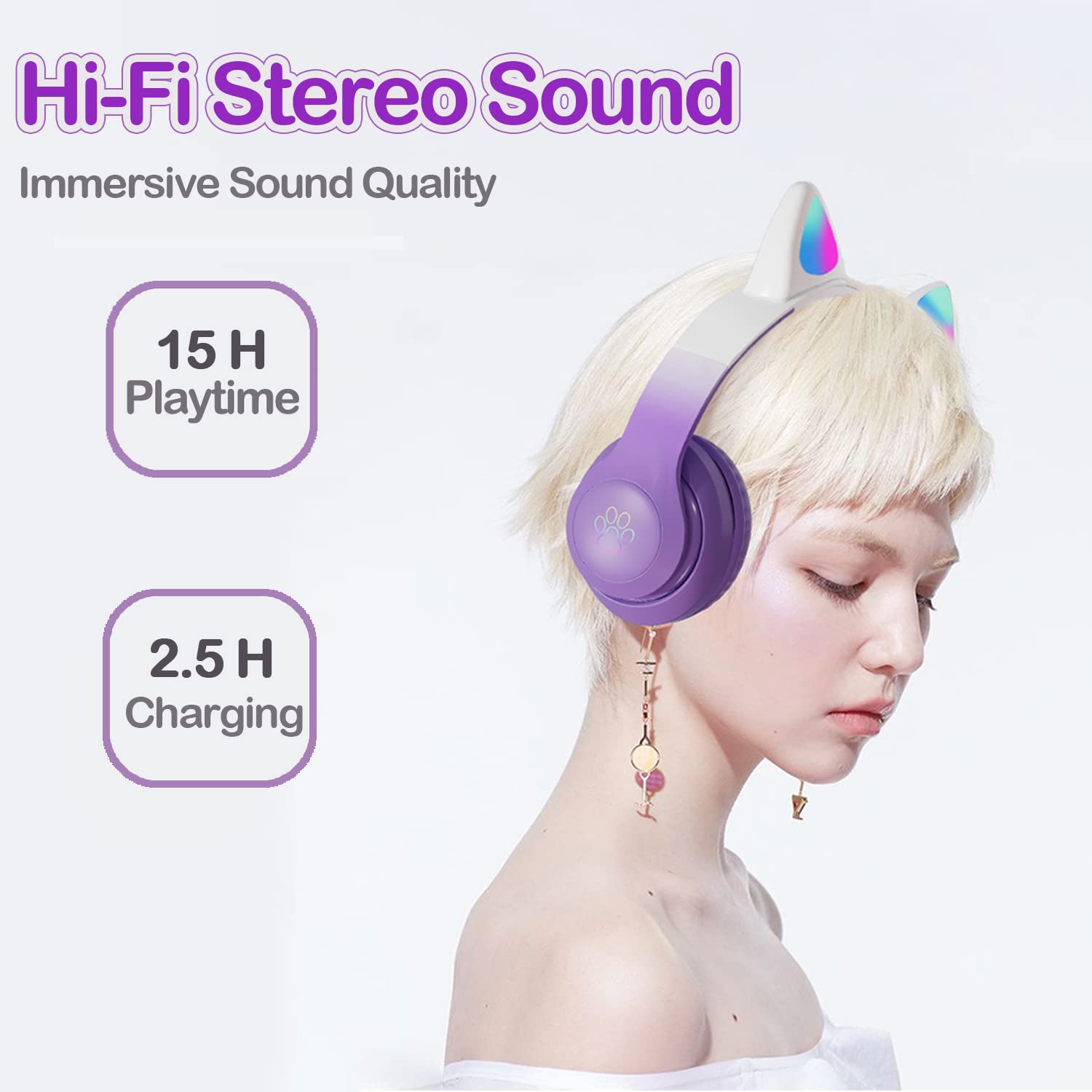 Auriculares inalámbricos Bluetooth con micrófono para niños, adolescentes y adultos (Pro-Morado) | Auriculares con orejas de gato para niñas, adolescentes y adultos
