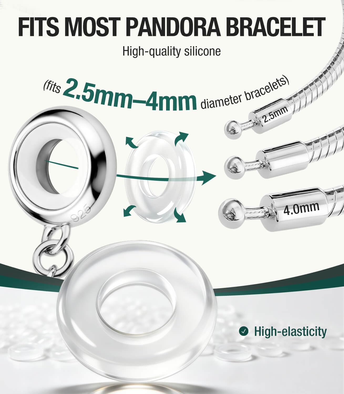 LOVANS Sicherheitskette Charms Stopper für Armband, 925 Sterling Silber Hypoallergen Charm Anhänger Clip Verschluss mit Silikon, Rutschfester Trenner für Damen Armbänder (Gold/Silber/Roségold)