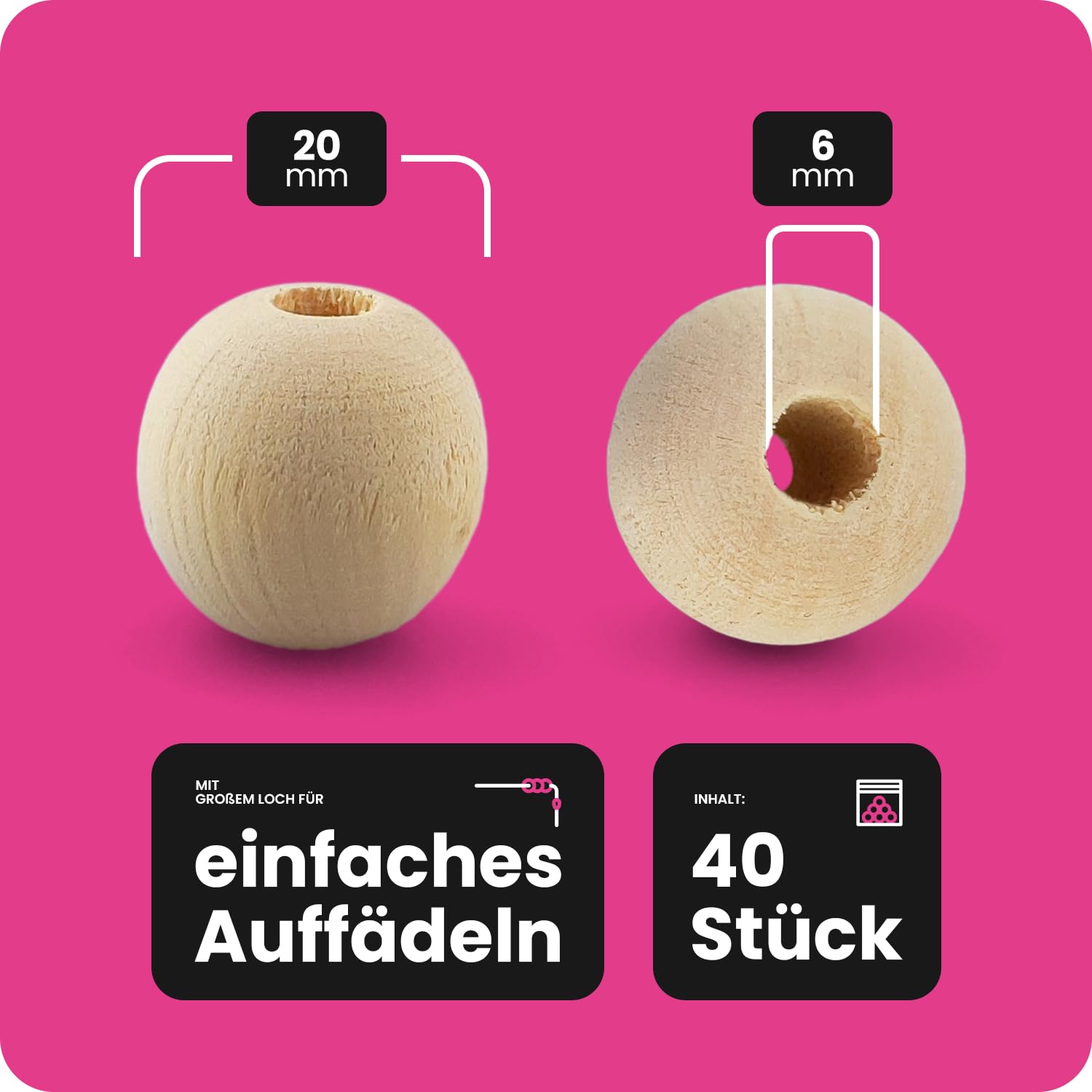 40 stukken houten kralen, 20 mm, met gat, 20 mm, natuurlijke houten