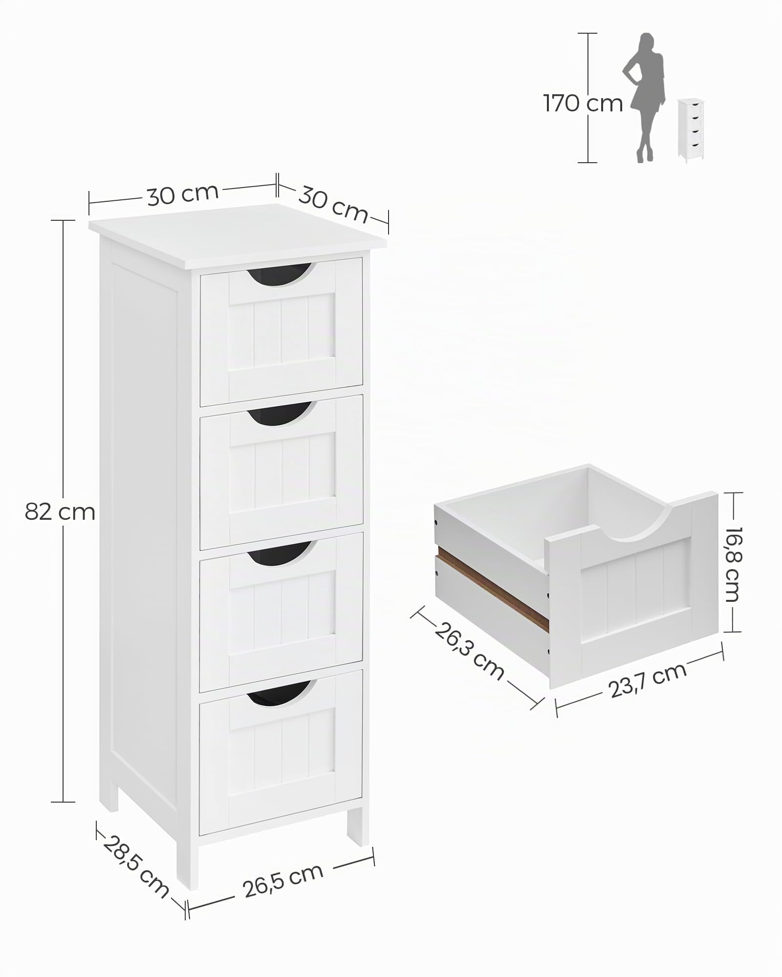 VASAGLE Mobile da Bagno, Cassettiera, Armadio Autoportante, con 4 Cassetti, 30 x 30 x 82 cm, per Bagno, Soggiorno, Sala da Pranzo, Cucina, Stile Moderno, Bianco LHC40W