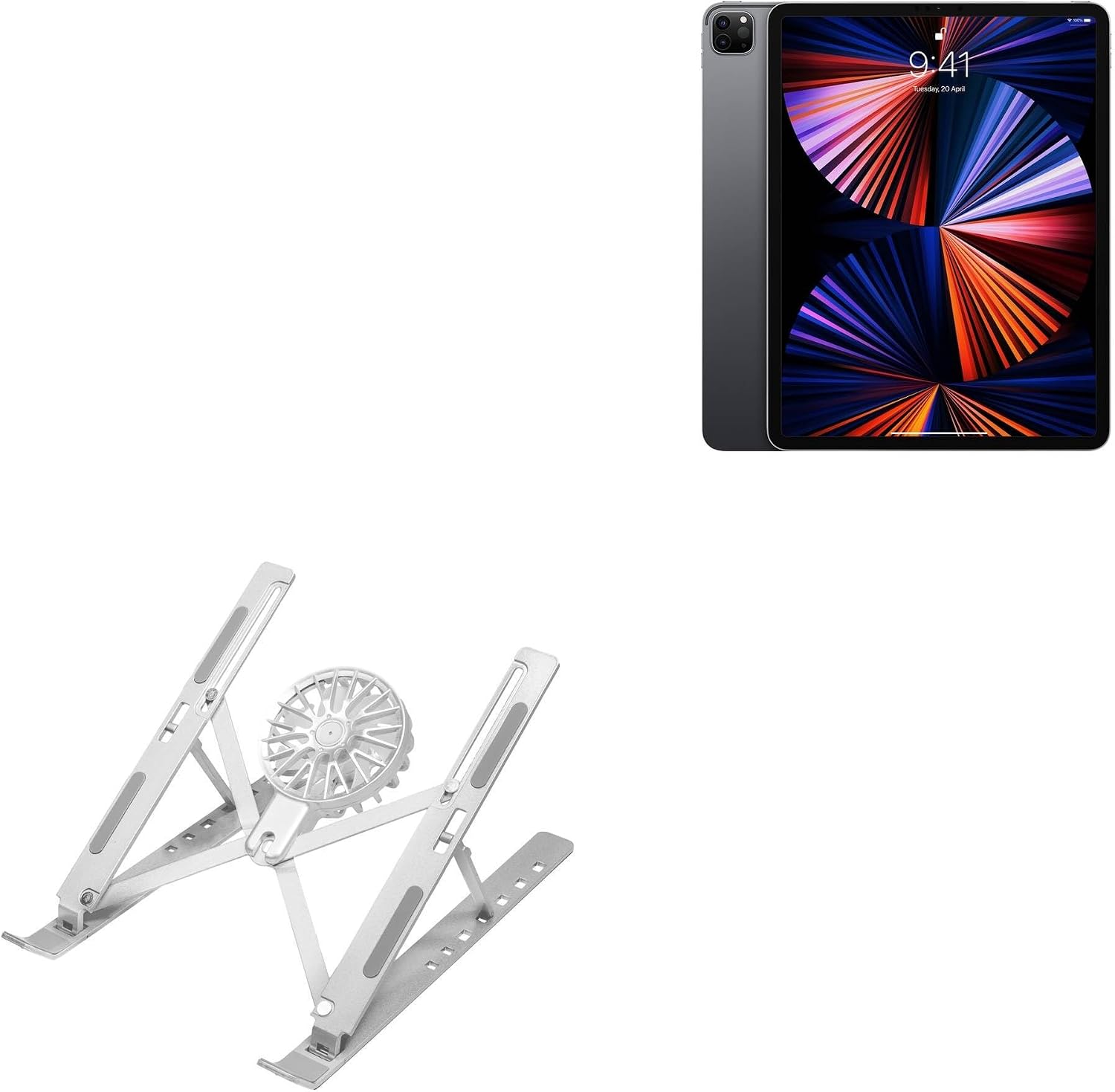 BoxWave Stand and Mount Compatible with Apple iPad Pro 12.9" (5th Gen 2021) - QuickSwitch Stand with Cooling Fan, Portable, Multi Angle Viewing Ventilator - Metallic Silver