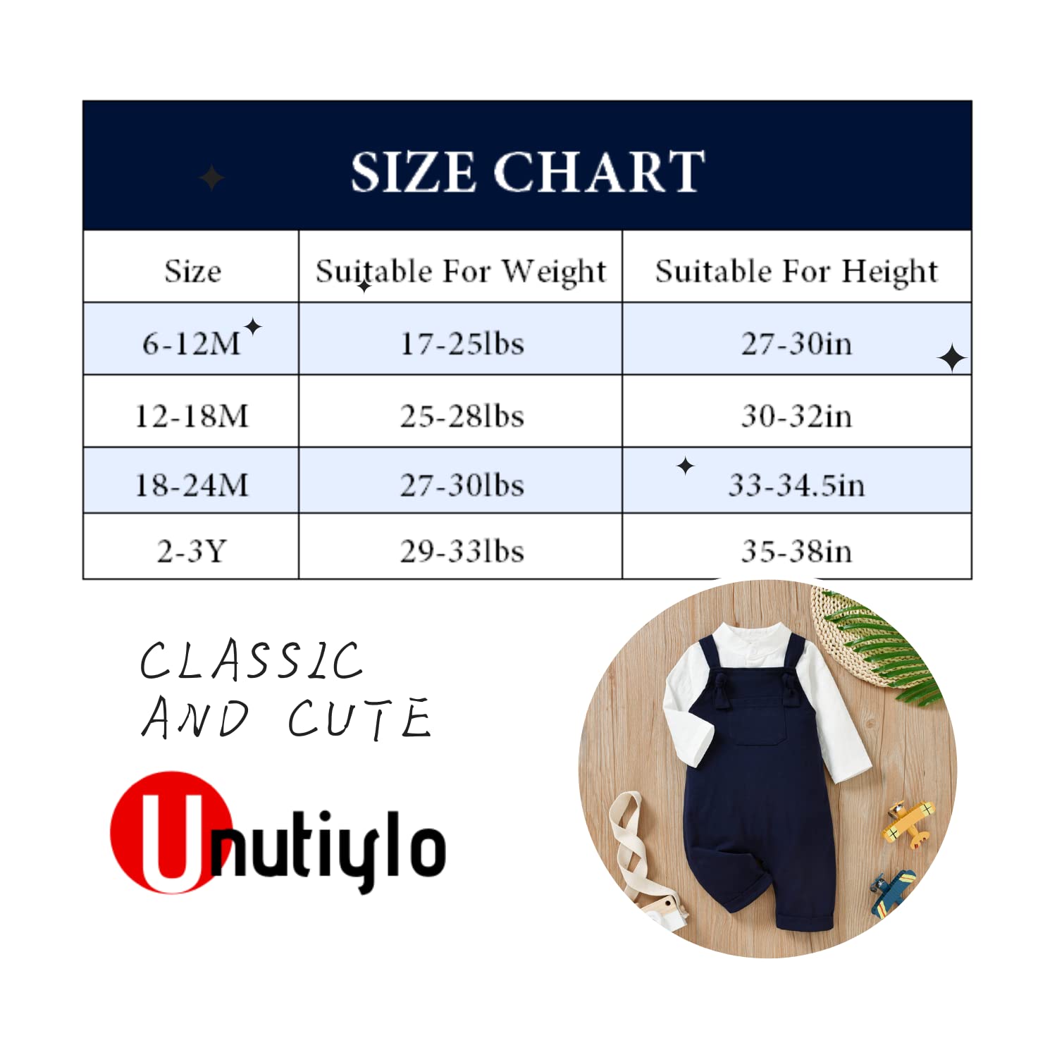 Unistylo - Ropa de bebé para caballero, overol para niños pequeños, pantalones con tirantes y mameluco, azul, blanco, 2-3T