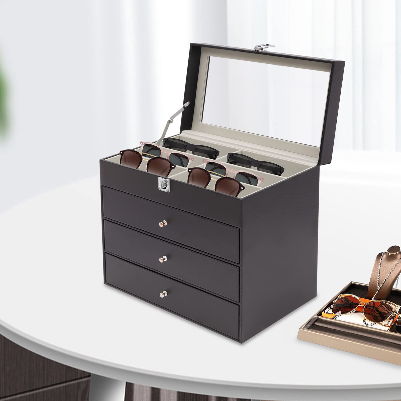CHUOZI Watch Box Jewelry, 4 Layer Wood Case,Eyeglass Sunglass Storage Holder Organizer Display