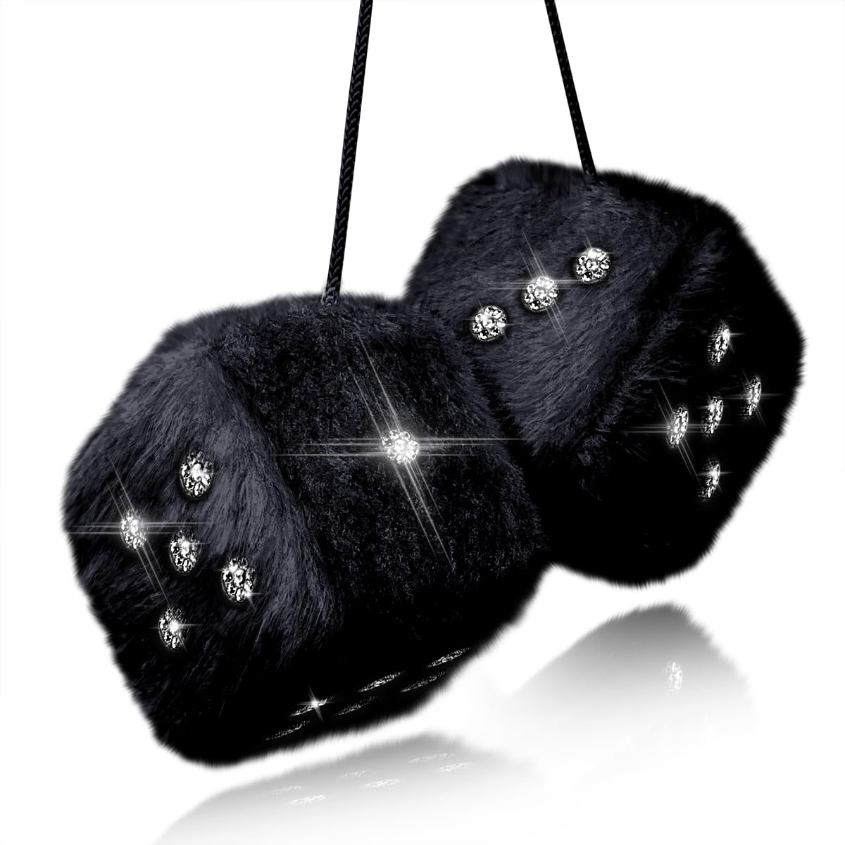 Murimt Black Fuzzy Dice for Car Mirror Bling Rhinestones Hanging Dice Car Accessories Plush Dice Fuzzy Car Accessories for Women and Girl