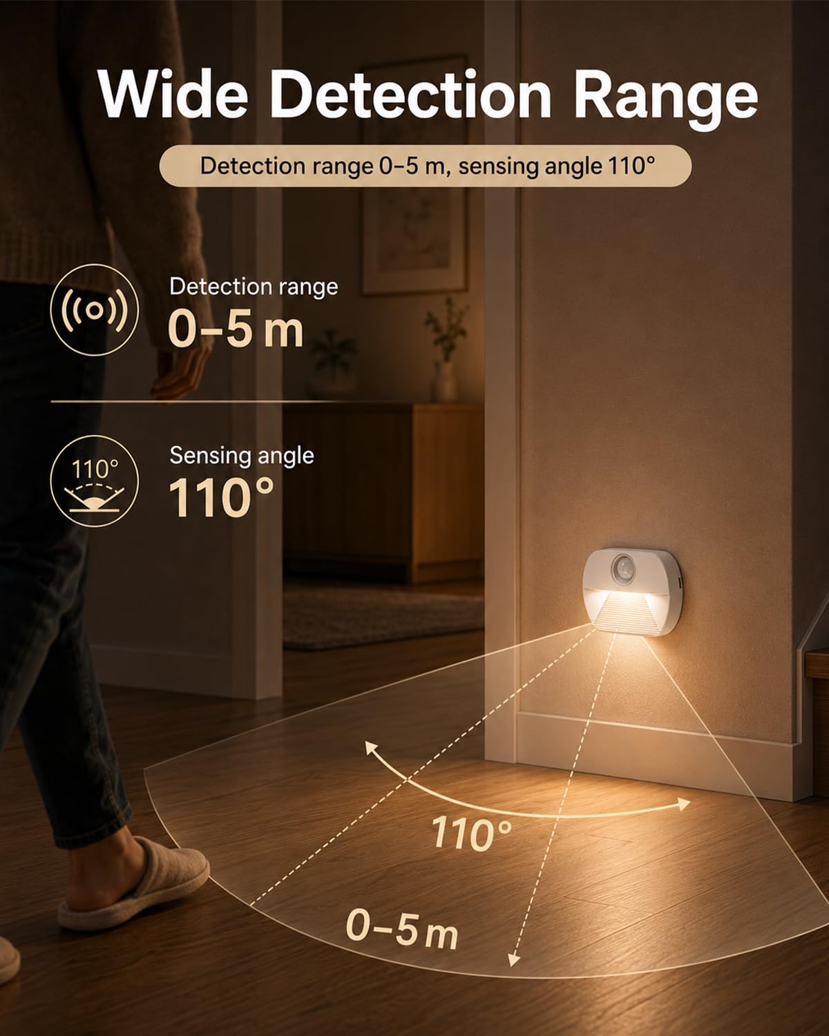 Luz nocturna LED con detector de movimiento, 4 unidades de luz de movimiento para niños, funciona con pilas, iluminación interior para escaleras, luz de sensor de encendido/apagado para pasillo