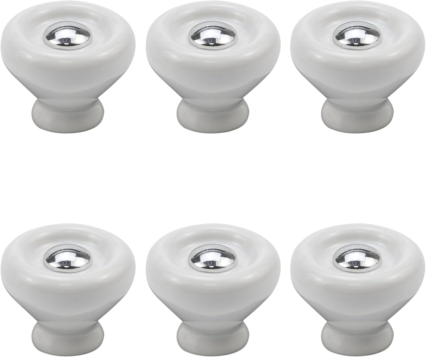 6Pcs White Ceramic Knob Kitchen Door Cabinets Cupboard Single Hole Pull Handles with Screws,1.5"/38mm Dia. White+ Silver Point