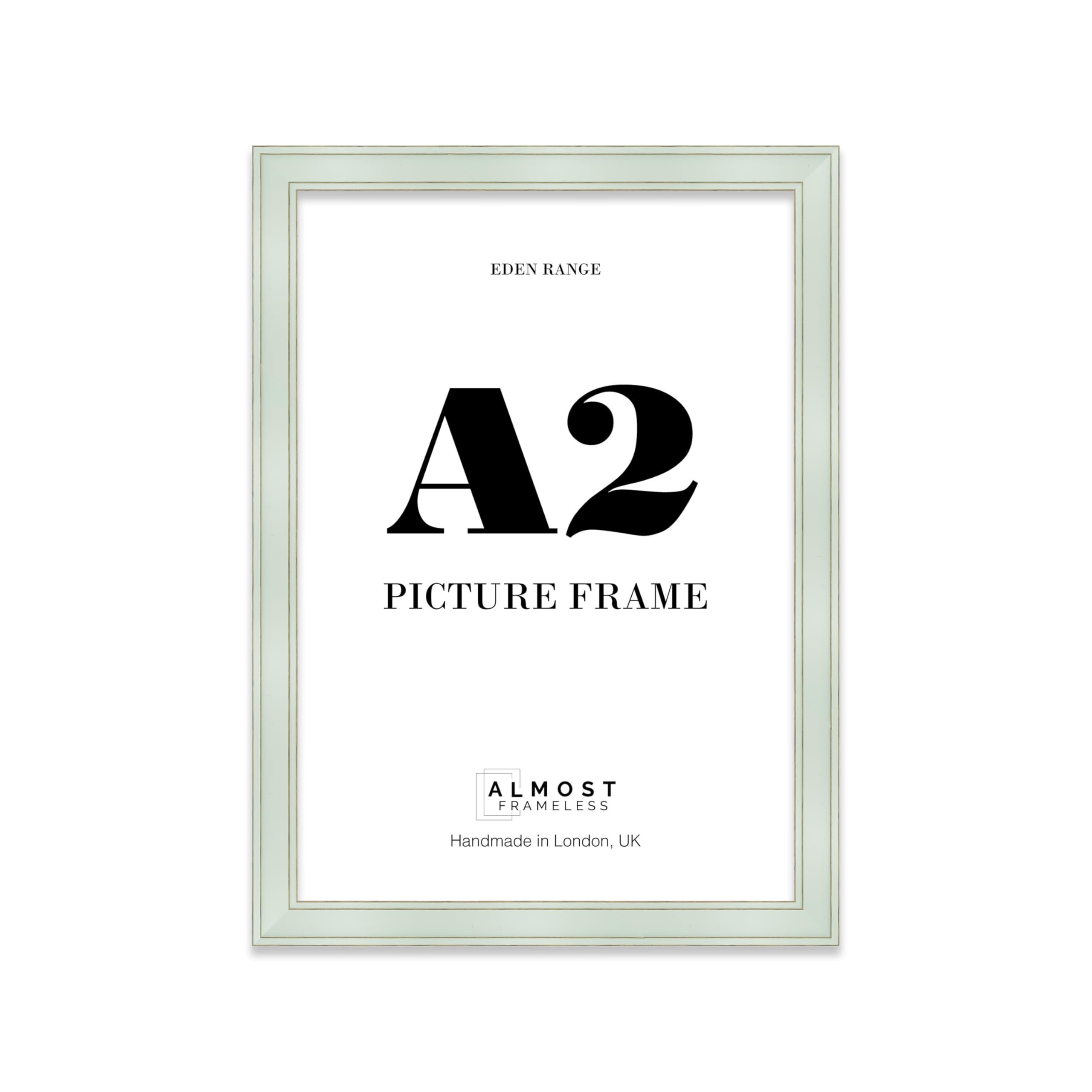 A2 Sage Green Picture Frame - Shabby Chic Photo Frame with Distressed Finish, Gold Trim, Wall Hooks, 37mm Edge - 1 Pack