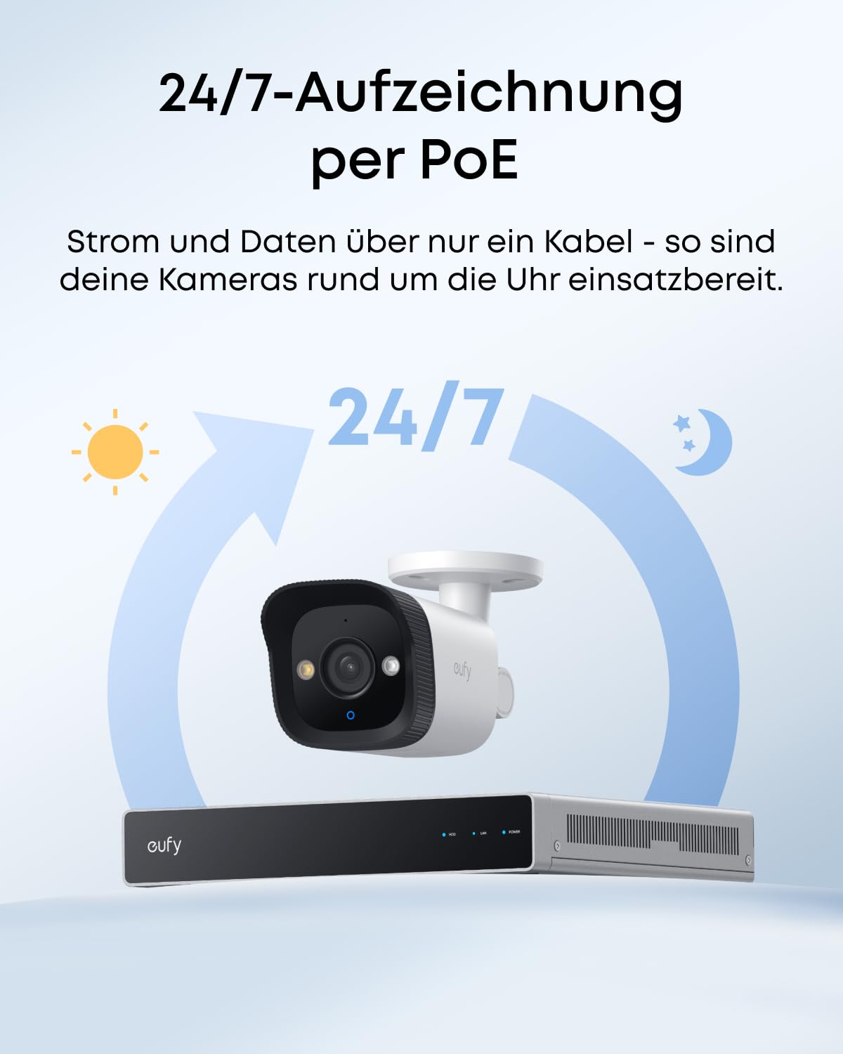 eufy PoE Bullet Sicherheitskamera, Kabelgebundene Außenüberwachung, 4K UHD, 122° Sichtfeld, F1.6 Farbnachtsicht, 24/7 Aufzeichnung, KI-Erkennung von Menschen/Fahrzeugen/Haustieren