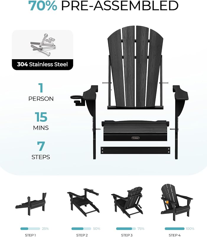 Ciokea Folding Adirondack Chair Wood Texture for Patio, Weather Resistant, Plastic Fire Pit Chair with Cup Holder, Lawn Chair for Outdoor Porch Garden Backyard Deck (Black) image 4