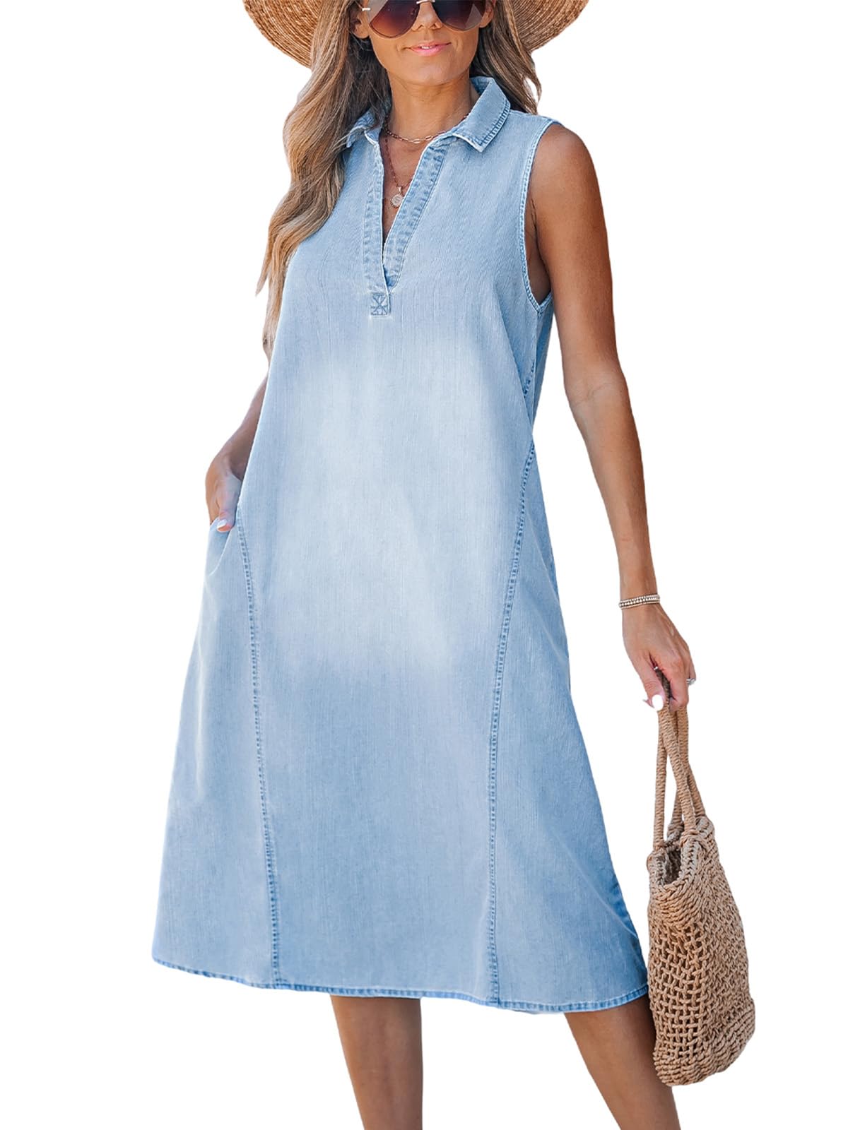 CUPSHE Women's Summer Dress Denim V-Neck Sleeveless Midi Dress with Collar A-line Elegant Casual Dresses Midi Dress