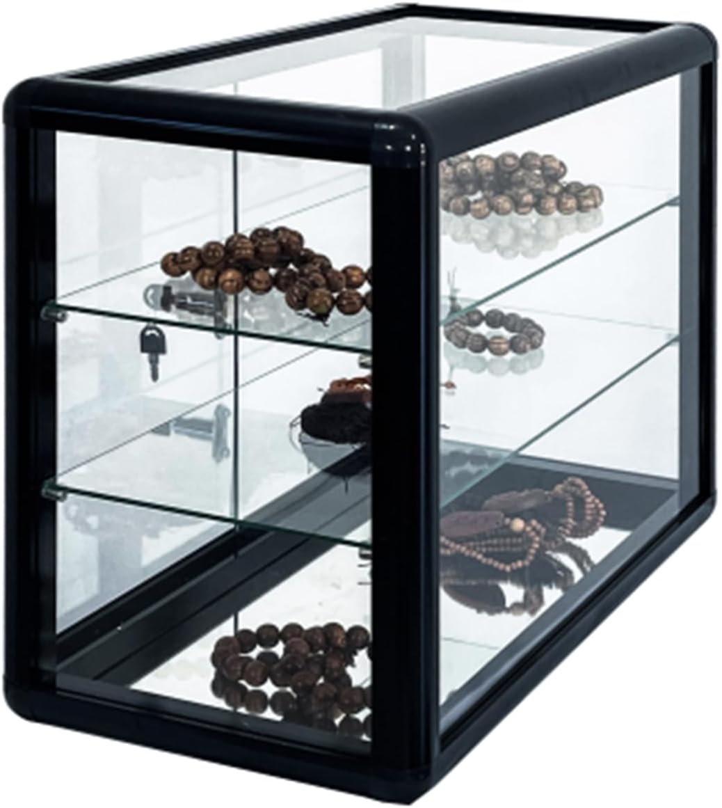3-Layer Transparent Display Cabinet, Aluminum Frame Display Cabinet, Countertop Display Cabinet with Sliding Glass Door and Lock, Suitable for Living Room, Bedroom, Store, Black