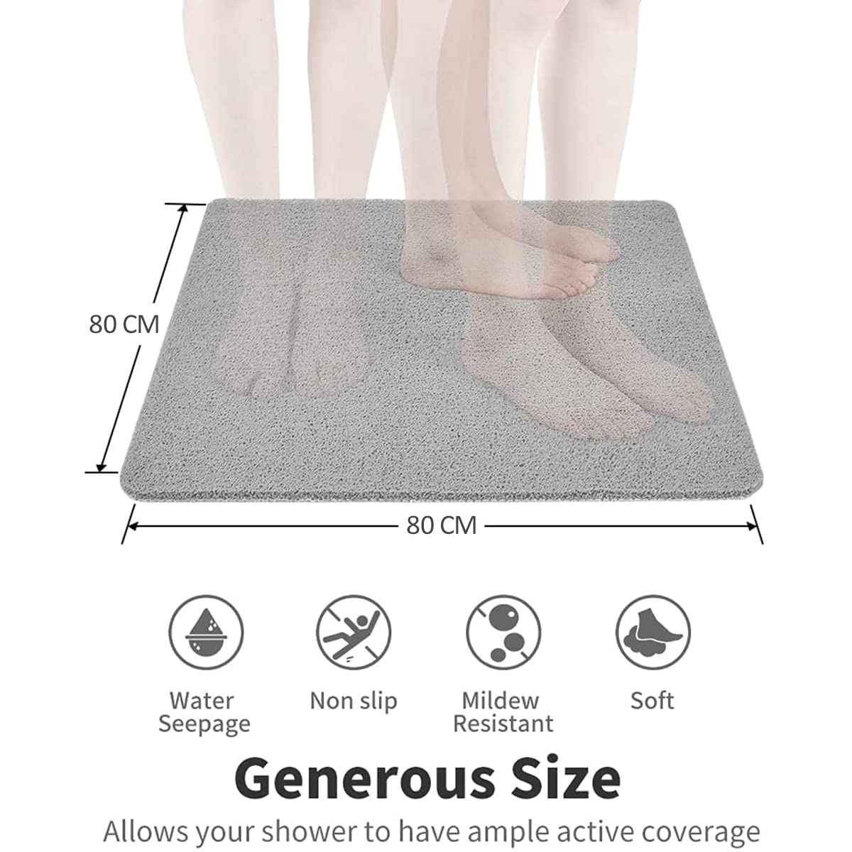 Quadratische Duschmatte, rutschfeste Anti-Schimmel Badematte 80x80 cm, Luffa Duschmatten für Innendusche, schnell trocknende Badematte für Badezimmerboden, Badewannenmatte für ältere Menschen (Grau) | Waschbare Badematten mit Abfluss, schnell trocknende B