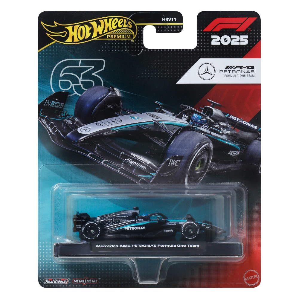 Hot Wheels Premium Formula 1 Mercedes-Benz George Russell #63 auto da corsa collezionabile scala 1:64 telaio metallo pneumatici Real Riders