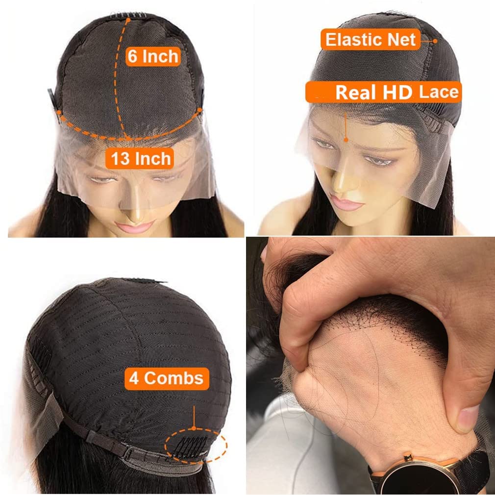 Invisible Melt Skin HD Swiss Lace Front 13x6 Virgin Human Hair Wigs, Natural Black Color Body Wave Style 180% Density Hair Pre Plucked Hailine with Baby Hair for Black Women 28inch