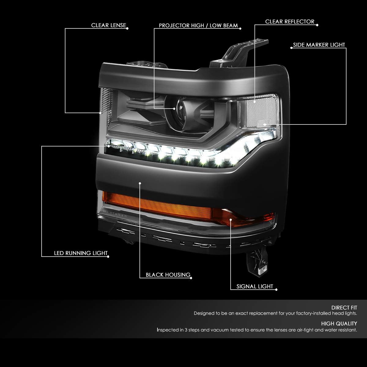 DNA MOTORING HL-OH-CSIL16-BK-CL1 Black Housing Adjustable HID Projector High/Low Beam Headlights with LED Day Time Running Light Compatible with 16-18 Silverado 1500 Not Fit LED Models