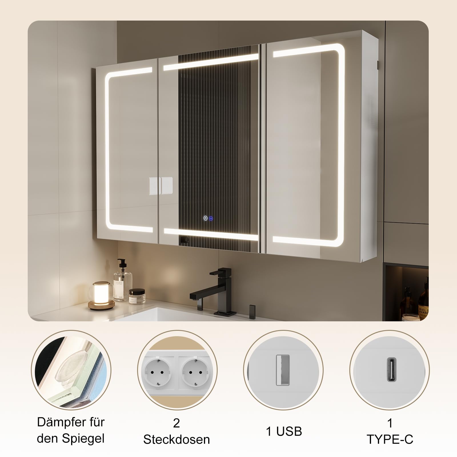 TRIUMPHKEY Spiegelschrank Bad mit Beleuchtung, 120x75cm, 3-teiliges Faltdesign, LED-Licht dimmbar, Sanftschließende Scharniere, Anti-Beschlag, Integrierte Steckdosen & USB, 5 Ebenen Stauraum
