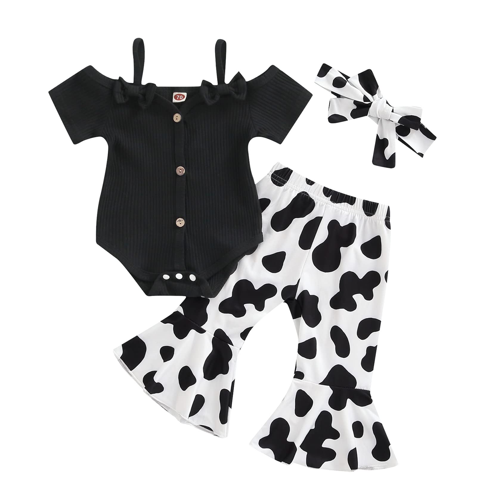Newborn Baby Girl Clothes Infant Rib Frill Long Sleeve Romper Floral Flared Pants Headband 3pcs Fall Winter Outfits (Bow Strap-Black, 0-6 Months)