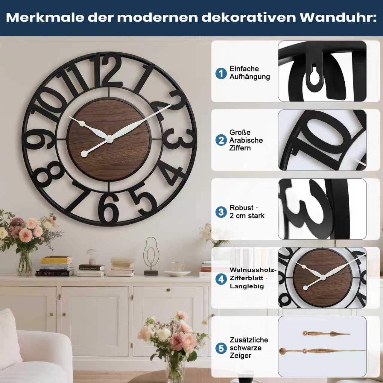 Pytha Sight Wanduhr Groß XXL 60 cm Schwarz Metall Vintage mit Walnuss | Groß Wanduhr Modern Industrial Design mit Arabisch Ziffern, Lautlos ohne Tickgeräusche, für Wohnzimmer, Küche, Büro