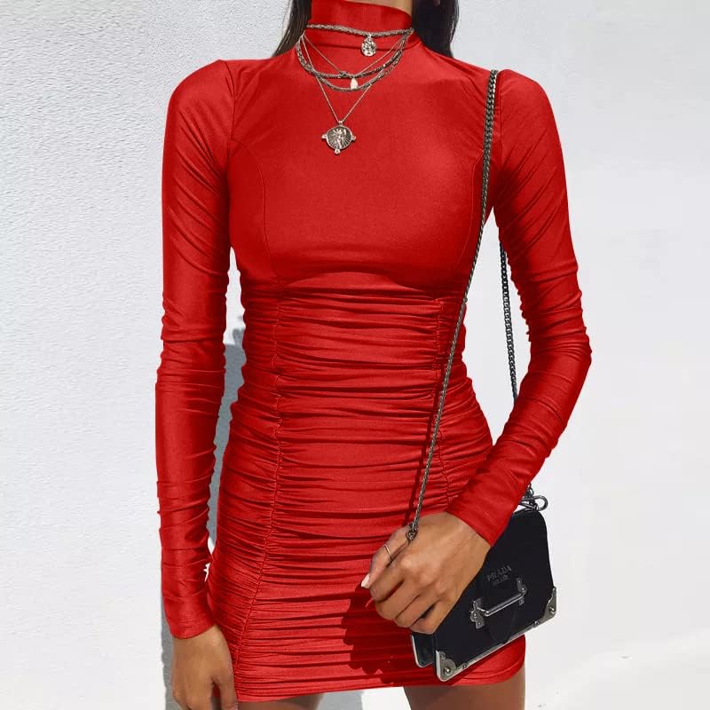 GOKATOSAU Women's Sexy Stand Neck Bodycon Long Sleeve Ruched Club Party Mini Dress - Image 4