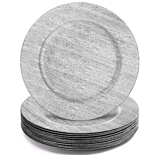 Jucoan 12 Pack Silver Charger Plates, 13 Inch Round Plastic Charger Plates, Decorative Silver Strip Plate Chargers for Dinner Plate, Wedding Thanksgiving Christmas Party Table Decor, Shiny Texture Jucoan 12 Pack Silver Charger Plates, 13 Inch Round Plastic Charger Plates, Decorative Silver Strip Plate Chargers for Dinner Plate, Wedding Thanksgiving Christmas Party Table Decor, Shiny Texture
