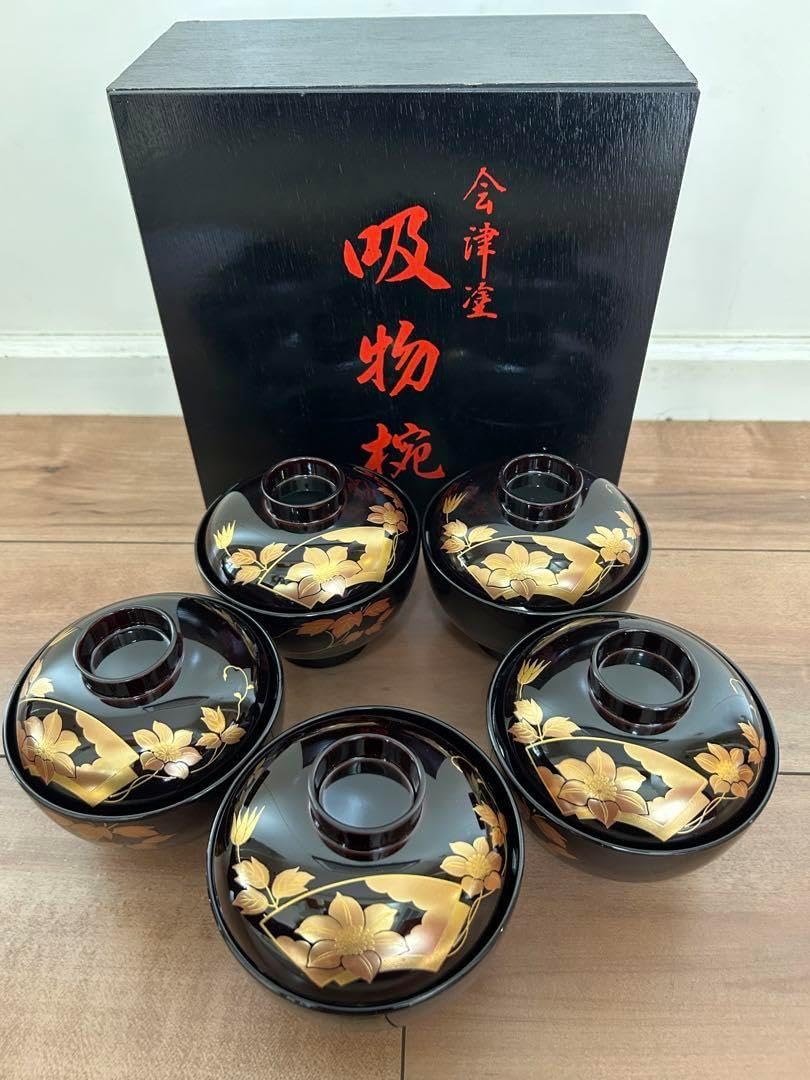 伝統工芸漆 会津塗 宝木 正月椀 鉄線 溜 蓋付雑煮椀 木