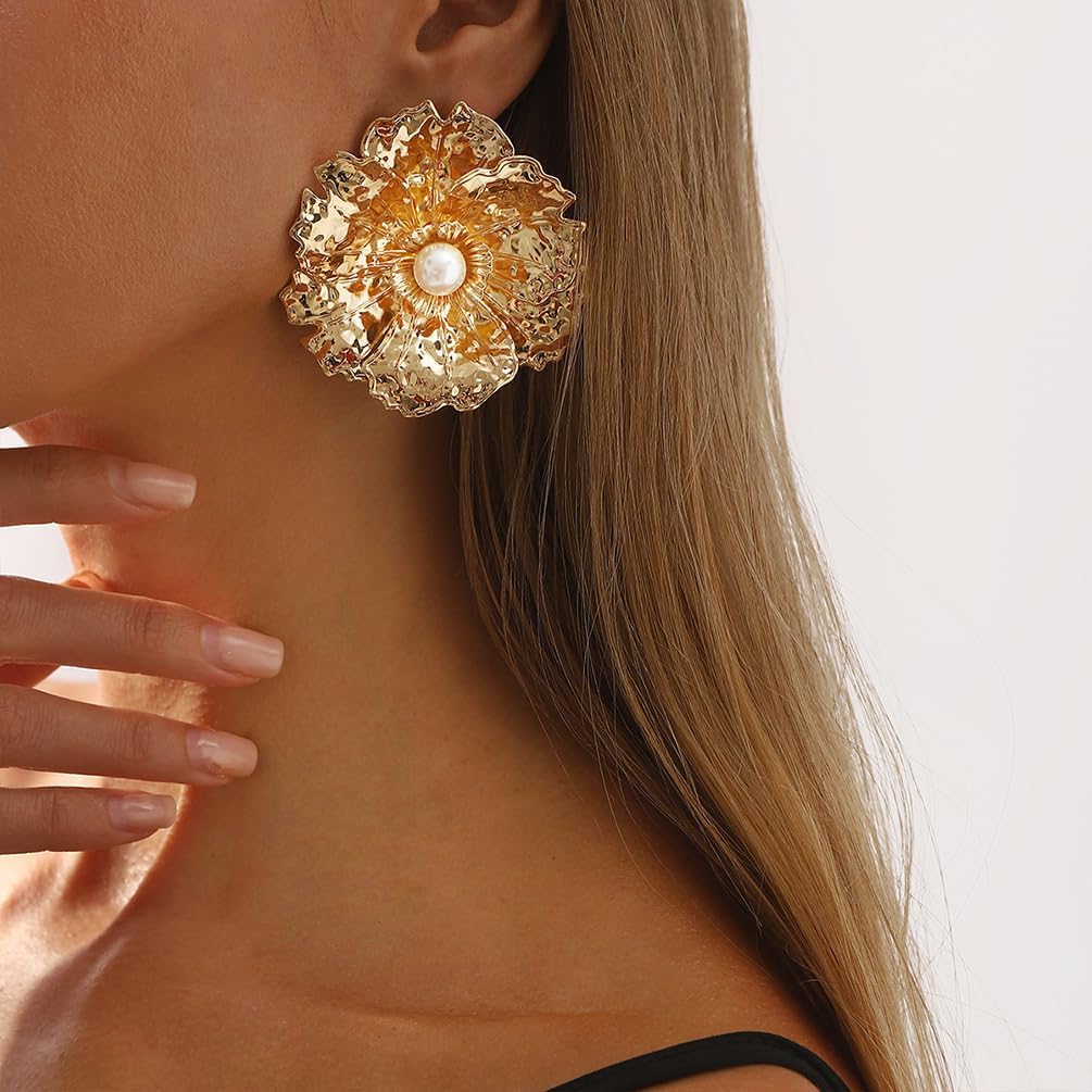 Unique Retro Gold Big Metal Flower Pearl Earrings for Women Trendy Exaggerated Hammered Large Floral Earring Punk Prom Party Jewelry Gift Accessory - Image 7