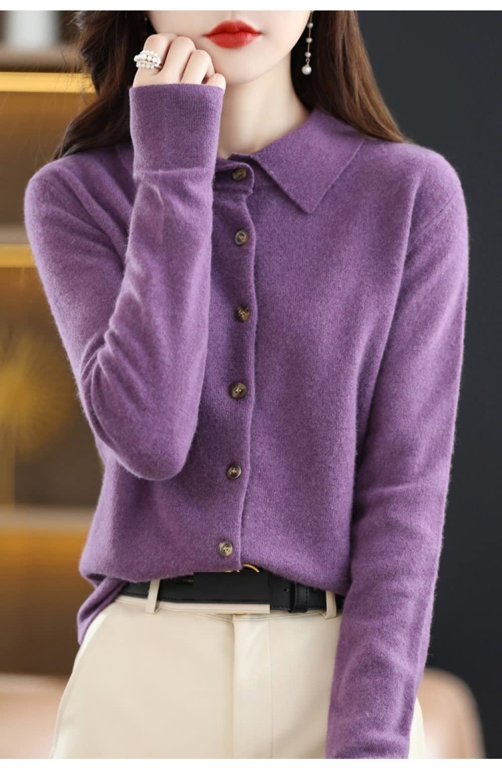 EIBA Chaqueta Mujer Cárdigans De Punto para Mujer Moda Liso Cuello Morado Botón De Solapa Suéteres Delanteros Abiertos Cárdigan Otoño Invierno Suave Y Acogedor Abrigo Básico De Punto