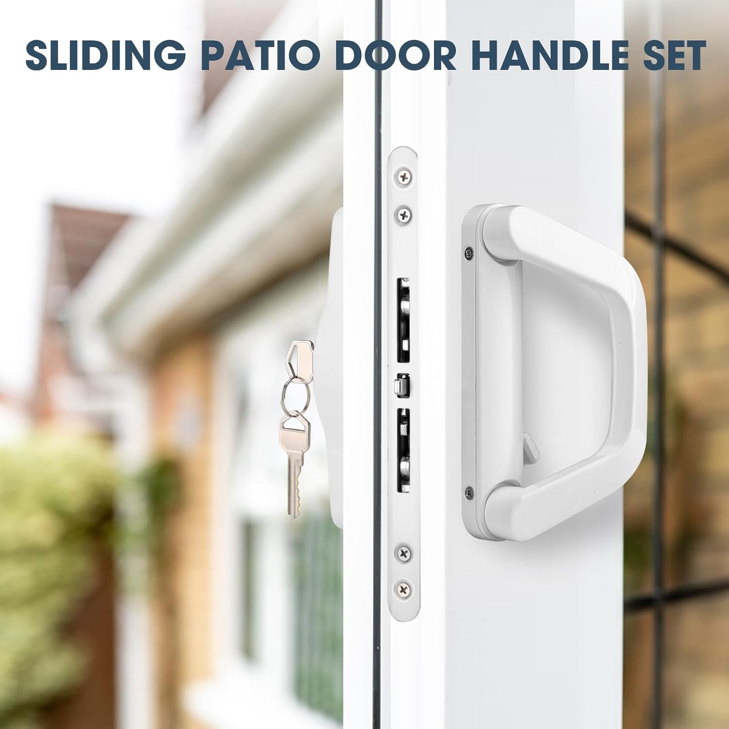 Patio Sliding Door Handle Set with Mortise Lock，Fits Sliding Glass Door Thicknesse is 1-1/2'' to 2'' and 4-15/16'' Screw Hole Spacing, with Door Keeper and 2 Keys （White）